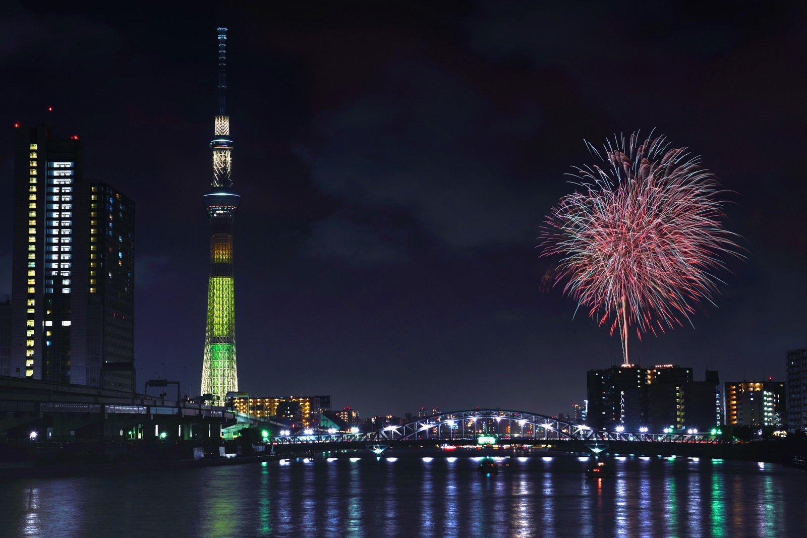 隅田川の花火と東京スカイツリー（夜景）