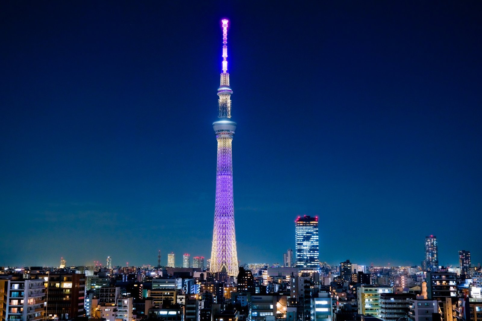 東京スカイツリーのライトアップと夜の街並み