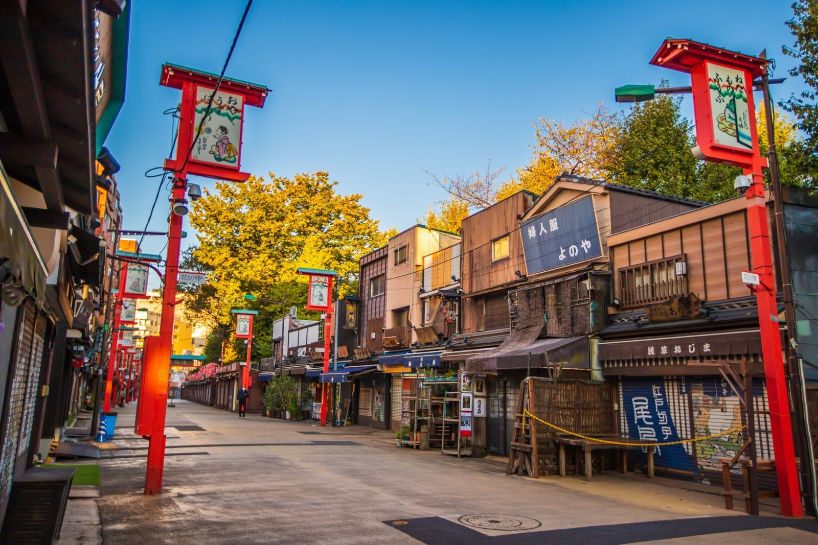 浅草・伝法院通りの街並み（江戸情緒の看板と銀杏）
