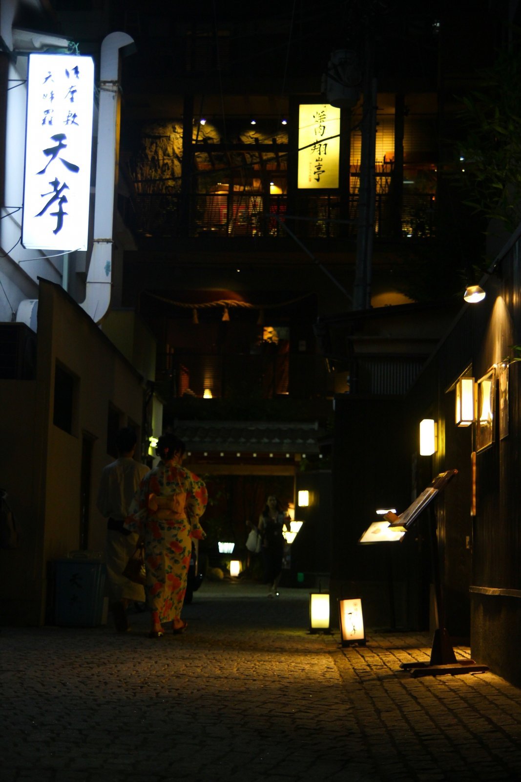 夜の花街の路地と灯り（後ろ姿の通行人）